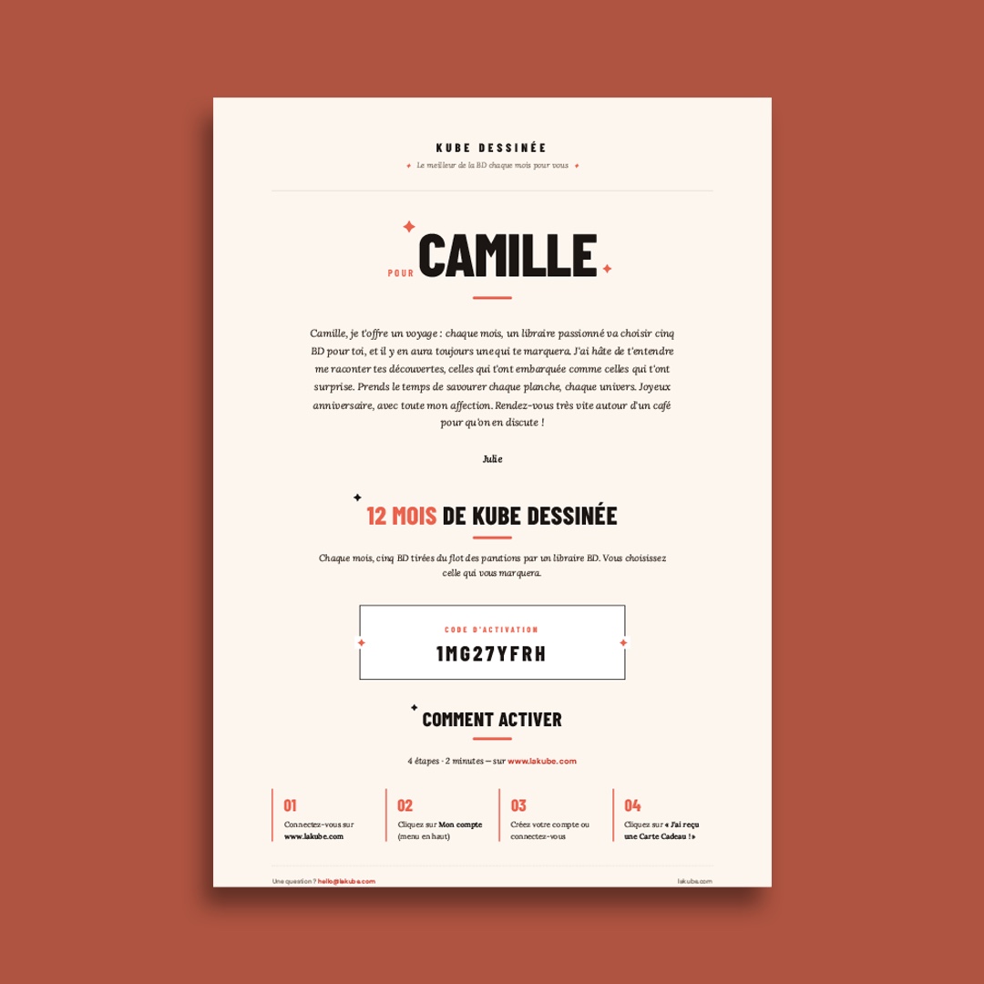 Exemple de carte cadeau Kube Dessinée en PDF — destinataire Camille, offerte par Julie