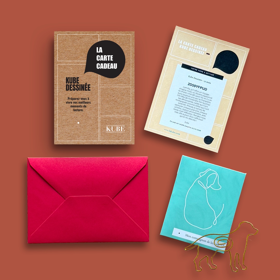 Carte cadeau BD format pochette : pochette kraft Kube Dessinée avec bulle BD, enveloppe rouge et écrin turquoise compagnon de lecture