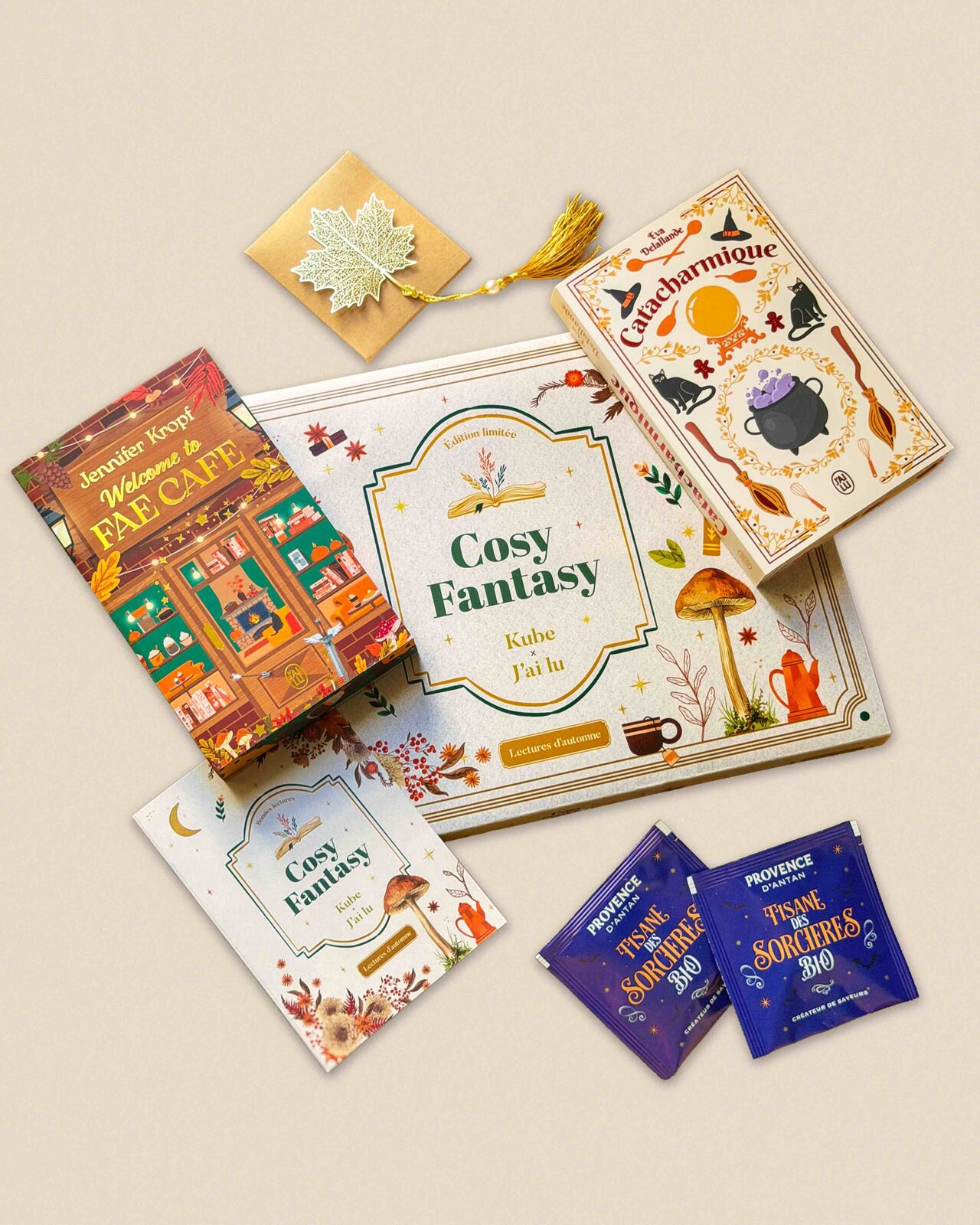 La box Cosy Fantasy ouverte : les deux romans, le livret, le marque-page et les tisanes